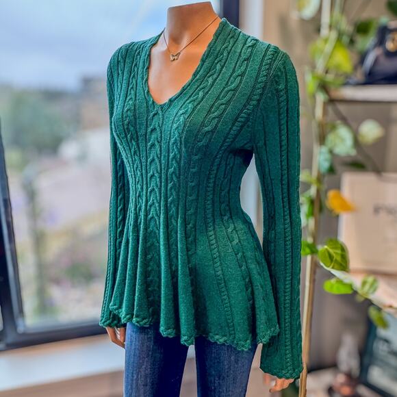 Antonio Melani Green V-Neck Cable Knit Peplum Sweater Flared Waist Womens Medium - Picture 8 of 8